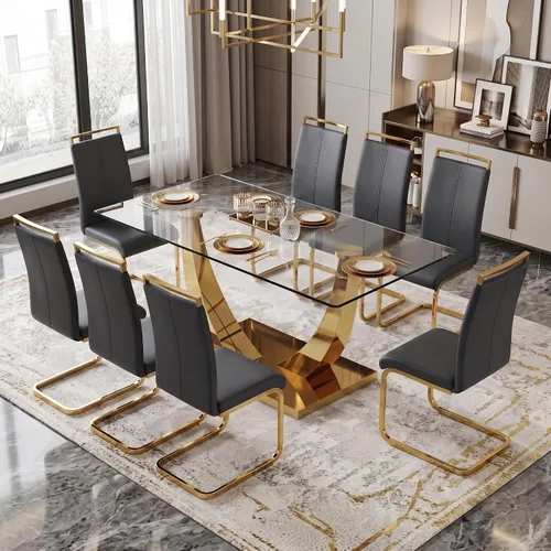 Vista 10 de Juego de mesa de comedor blanca para 6, 71 pulgadas, juego de mesa de comedor de mármol sintético para 6 Modern Dining Table Set for 6, Black PU