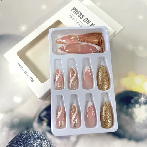 Vista 4 de Uñas postizas acrílicas artificiales de almendra media con diseño de estrellas onduladas blancas, cobertura completa, reutilizables, estilo ataúd