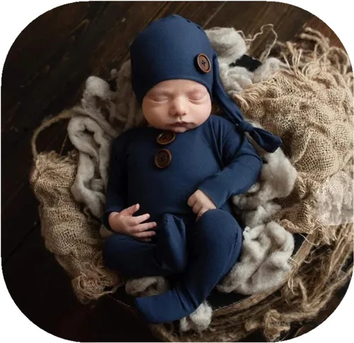 Vista 6 de Accesorios de fotografía para recién nacidos, trajes para niños y niñas, gorro y mameluco con pies, conjunto de disfraz para sesión de fotos