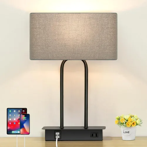 Vista 9 de Lámpara de mesa con control táctil regulable en 3 vías con 2 puertos USB y toma de corriente AC, lámpara moderna de mesita de noche con pantalla