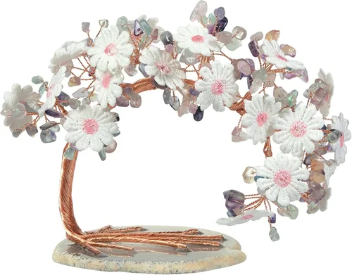 Vista 6 de Árbol de dinero con flores bordadas de cristal con base de ágata, buena suerte, Feng Shui, árbol bonsái para decoración de mesa de oficina en casa