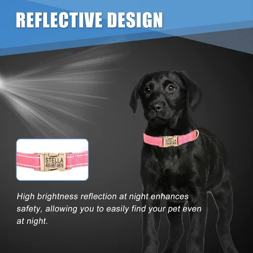Vista 3 de Collar personalizado para perro con etiqueta de nombre, collar de nailon reflectante para mascotas, collares de perro con hebilla dorada grabada