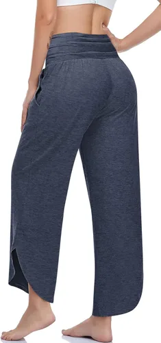 Vista 3 de UEU Pantalones de yoga de pierna ancha para mujer, de cintura alta, cómodos, holgados, casuales, suaves, con bolsillos