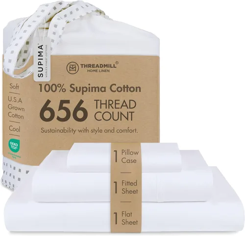 Vista 14 de Threadmill - Juego de sábanas tamaño individual 656 hilos 100% algodón Supima para colchón individual Juego de sábanas de satén sólido para cama