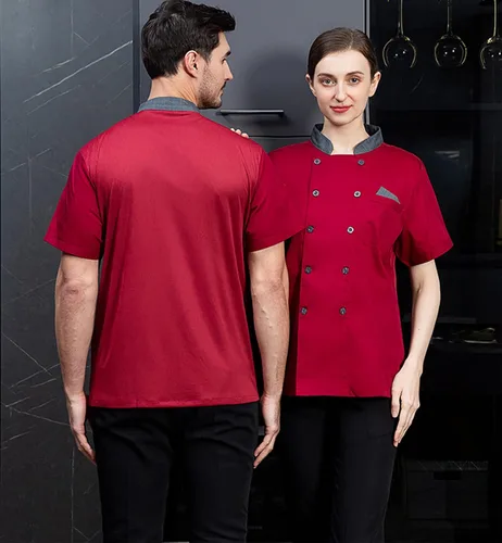Vista 3 de Chaqueta de chef unisex con doble botonadura trasera, malla completa, ligera, costura de color, uniforme de chef