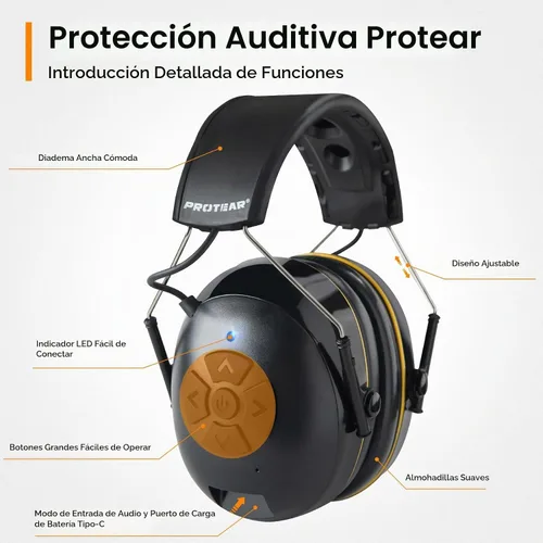Vista 4 de Protección auditiva Bluetooth NRR 25dB Micrófono integrado, protección auditiva recargable con Bluetooth, auriculares con cancelación de ruido manos