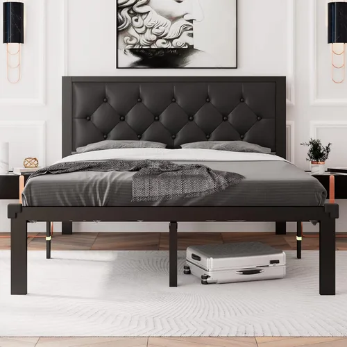 Vista 14 de Feonase Marco de cama de metal tamaño doble con cabecera capitoné de cuero sintético con botones, marco de cama tipo plataforma resistente