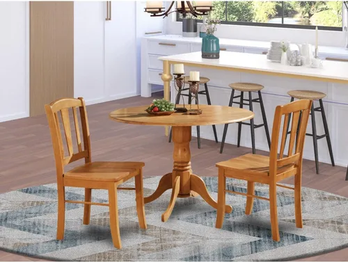 Vista 7 de East West Furniture DLIN3-OAK-W Juego de mesa de comedor de 3 piezas para espacios pequeños contiene una mesa de comedor redonda con gotas y 2