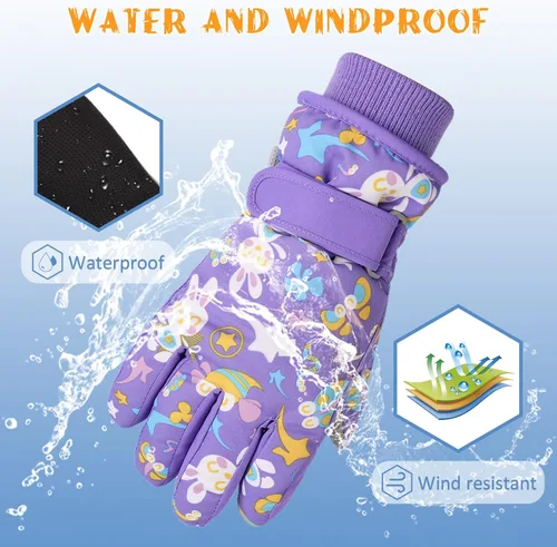 Vista 2 de JANGANNSA Guantes de esquí de invierno para niños y niñas, guantes de nieve para clima frío, guantes de esquí y snowboard impermeables con forro
