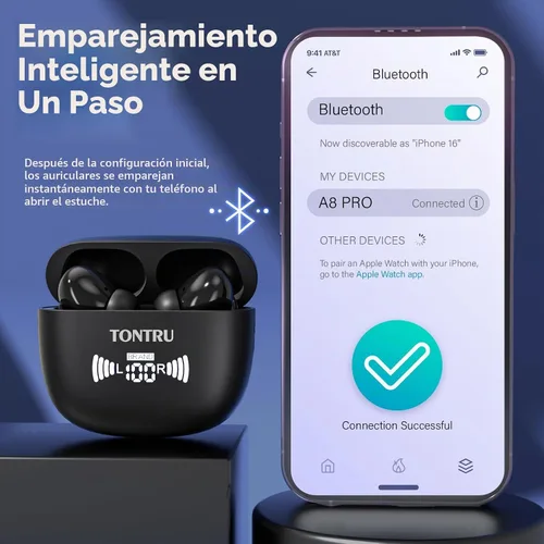 Vista 3 de Auriculares inalámbricos, auriculares Bluetooth 5.3 con reducción de ruido ENC/ANC, pantalla de alimentación LED, control táctil, IPX4 impermeable