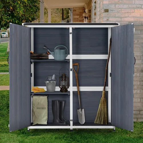 Vista 3 de MCombo Cobertizo de almacenamiento al aire libre con estantes, cobertizo de jardín de madera con piso, cobertizo de herramientas exterior con 2 Gris