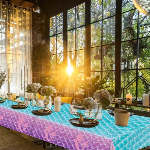 Vista 9 de 1 mantel de decoración de fiesta de cumpleaños de sirena, funda de mesa de plástico desechable para princesa bajo el mar, suministros de fiesta