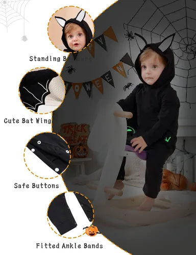 Vista 3 de Goodstoworld Disfraz de Halloween para bebé recién nacido, para niño y niña, color negro con murciélago que brilla en la oscuridad, body de 0 a 18