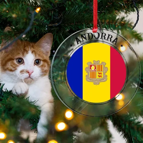 Vista 4 de Bandera de Andorra, adorno colgante de Navidad, bandera nacional, decoraciones de Navidad, adornos acrílicos, colgante para árbol de Navidad