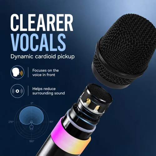 Vista 3 de Micrófonos inalámbricos, sistema de micrófono de karaoke de mano dual de 2.4 GHz con receptor recargable, volumen, eco, agudos, graves y controles