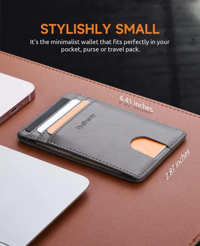 Vista 6 de Buffway Billetera delgada para hombre, minimalista con bolsillo frontal delgado, tarjetero de cuero con bloqueo RFID para viajes de trabajo