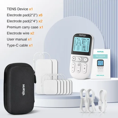 Vista 8 de NURSAL Unidad TENS Estimulador Muscular para Terapia de Alivio del Dolor, Máquina TENS de Doble Canal 3 en 1 con Estuche de Viaje EVA, 24 Modos