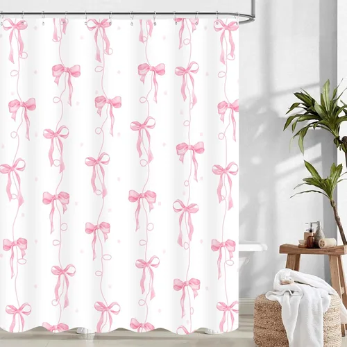 Vista 15 de Cortina de ducha con lazo negro, bonita cortina de ducha coqueta estética para adolescentes y niñas, decoración de tela impermeable con 12 ganchos
