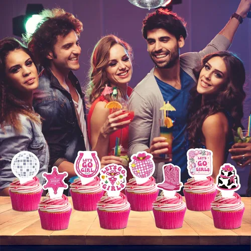 Vista 4 de Decoración para tartas de cumpleaños de vaquera disco – NOVBAUB 48 piezas de decoración de fiesta de cumpleaños de vaquera rosa intenso, suministros