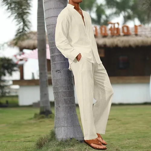 Vista 3 de CTU Conjunto de 2 piezas de lino para hombre, manga larga, cuello en V, camisas con botones, para verano, vacaciones, pantalones de yoga sueltos