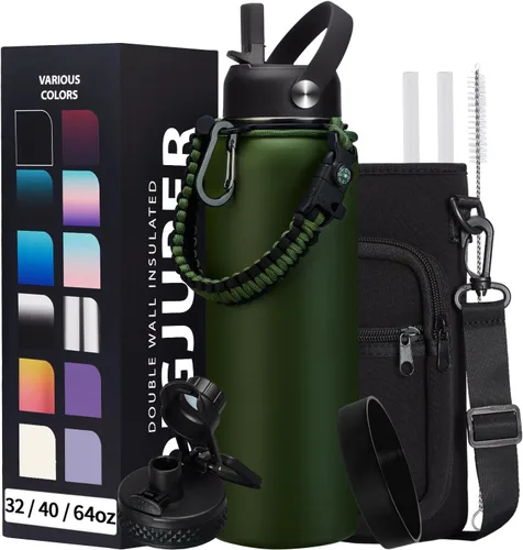 Vista 22 de Botella de agua aislada de 1 galón, con popote y tapa de pico automático, mango de paracord, funda para botella, botella de agua de acero inoxidable