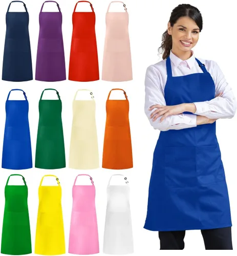 Vista 10 de Syntus Paquete de 12 delantales con peto, delantales unisex, ajustables, 100% algodón con 2 bolsillos, delantales de cocina para mujeres y hombres