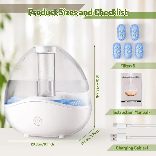 Vista 2 de Humidificadores de niebla fría para dormitorio, humidificador de aire ultrasónico pequeño silencioso de 1.5 litros con 5 filtros, luz nocturna