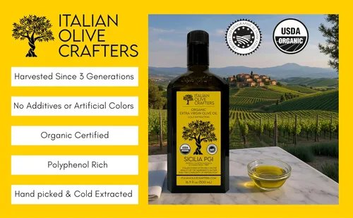 Vista 3 de Italian Olive Crafters, Aceite de oliva virgen extra orgánico rico en polifenoles, 16.9 fl oz - Botella de vidrio prensado en frío de aceite