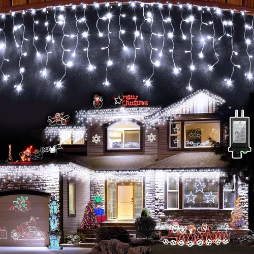 Vista 17 de Luces de Navidad de carámbano para exteriores, 60 pies, 612 luces LED con 136 gotas, 12 modos, regulable, temporizador y resistente al agua, 29 V