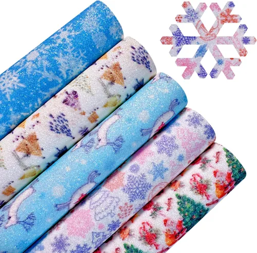 Vista 2 de Sábanas de piel sintética con estampado de copos de nieve de Navidad, 8 x 12 pulgadas, tela brillante con purpurina fina para lazos, manualidades