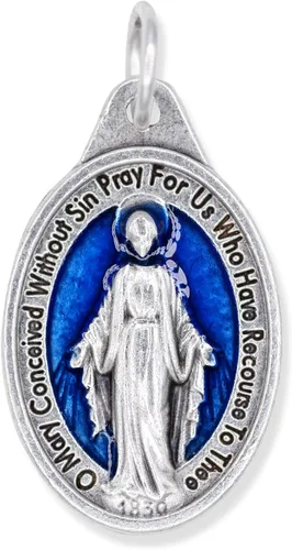 Vista 4 de Caritas et Fides Paquete de 10 medallas milagrosas Colgante de medalla milagrosa de 1 pulgada de plata oxidada con esmalte azul para collar