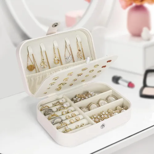 Vista 2 de Mpeyuiltic Joyero de viaje, estuche de joyería portátil de piel sintética pequeño para mujeres y niñas, organizador de joyas de viaje de doble capa