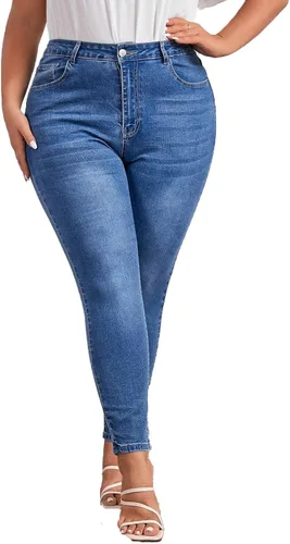 Vista 3 de KISSPLUS Pantalones de mezclilla ajustados de talla grande para mujer, cintura alta, lápiz de cintura alta, elásticos, pantalones de mezclilla