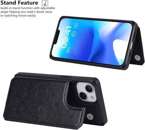 Vista 7 de iCoverCase Funda compatible con iPhone 14 Plus con tarjetero para mujer, bloqueo RFID en relieve, piel sintética con correa de muñeca de 6.7