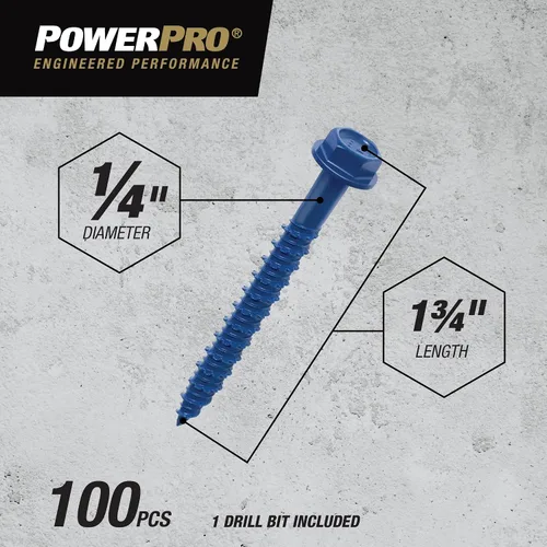 Vista 3 de Power Pro Anclajes de tornillo de hormigón con cabeza hexagonal azul (1/4" x 1-3/4") - 100 piezas