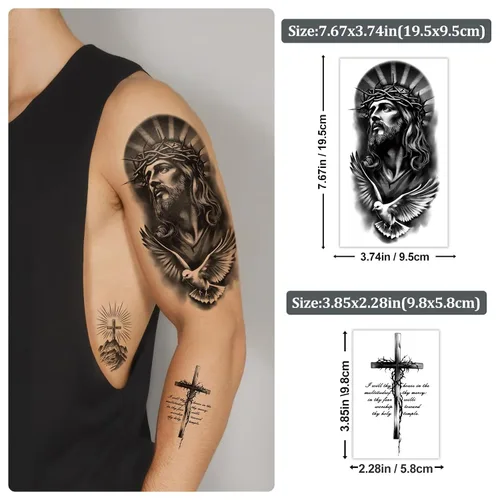 Vista 3 de 77 hojas de tatuajes temporales cristianos para mujeres y hombres, 17 hojas de tatuajes religiosos de media manga con cruz de Jesús, Dios y ángeles