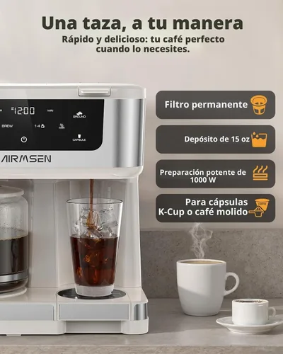 Vista 4 de AIRMSEN Cafetera dual programable de 12 tazas – Máquina de una sola porción para K-Pods y molido, preparación rápida de 1000 W, inicio retardado