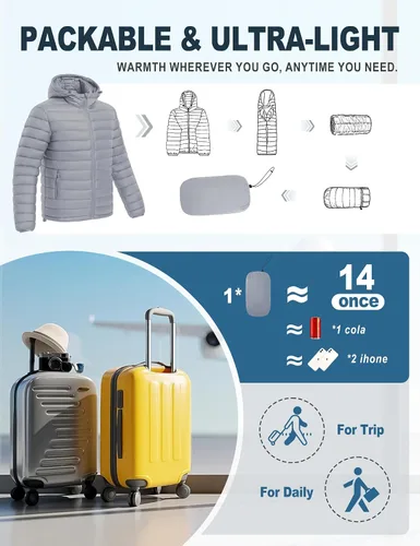 Vista 6 de Chaqueta acolchada ligera y plegable para hombre, con capucha, aislada, resistente al agua, para esquí, senderismo, viajes