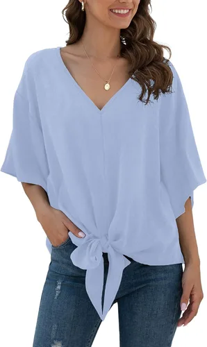 Vista 54 de VIISHOW Womens Tie Front Chiffon Blouses V Neck Batwing Short Sleeve Summer Tops Shirts Albaricoque