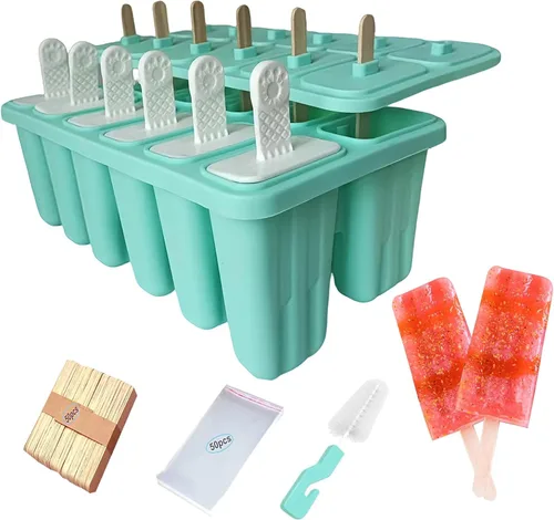 Vista 10 de Moldes de silicona para paletas con palillos, 6 cavidades, molde para helado con cepillo limpio, 6 palitos reutilizables, 50 palitos, 50 bolsas Azul