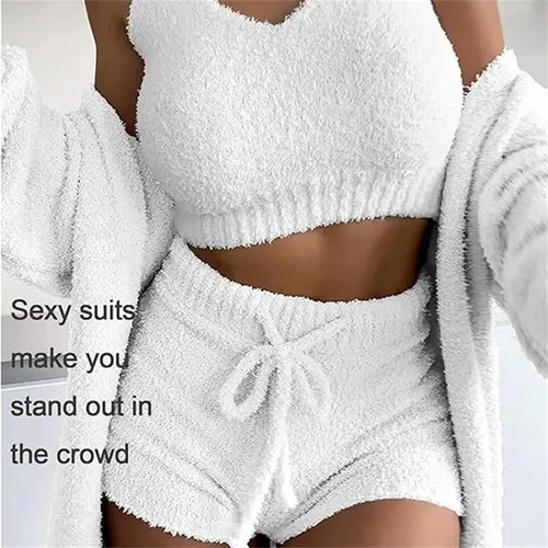 Vista 3 de KDGENG Shecozy 3 Piece Pajama Set - Womens Sexy Fuzzy Cozy Knit Hooded Cardigan Outfits Crop Top Shorts Loungewear