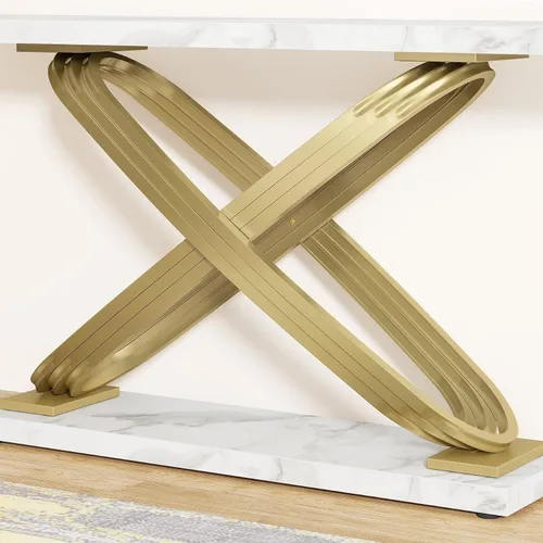 Vista 4 de Consola moderna de mármol de 55 pulgadas, mesa larga, estrecha, rectangular, para sala de estar, color dorado y blanco glamuroso, metal, madera