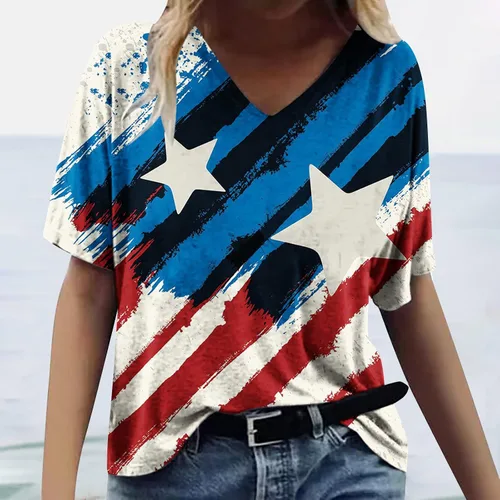 Vista 2 de Camisetas de verano para mujer, cuello en V, diseño de rayas de estrellas, camisetas básicas de manga corta para el Día de la Independencia