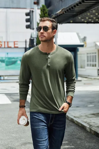 Vista 2 de COOFANDY Camiseta Henley de Manga Larga para Hombre Camisas Pullover Casuales Ligeras Camisetas Básicas Suaves Elásticas Tops de Otoño
