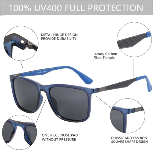 Vista 4 de ZENOTTIC Gafas de sol polarizadas para hombre, rectangular, ultraligeras, marco de fibra de carbono, protección UV400, gafas de sol clásicas C03