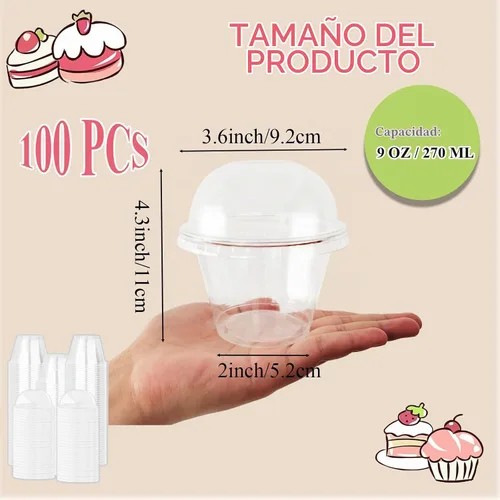 Vista 2 de Szsrcywd Paquete de 100 tazas transparentes de postre de 9 onzas con tapas de cúpula, vasos desechables de plástico para yogur (sin agujeros)