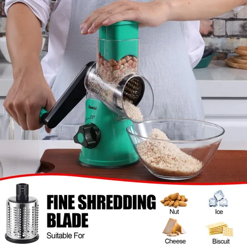 Vista 5 de Geedel Rallador rotativo de queso, rebanador de verduras de mandolina de cocina con 3 cuchillas intercambiables, fácil de limpiar, rallador