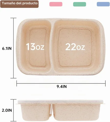 Vista 2 de Paquete de 4 cajas de almuerzo Bento, contenedores de preparación de comida de 2 compartimentos con tapas, aptos para microondas y lavavajillas