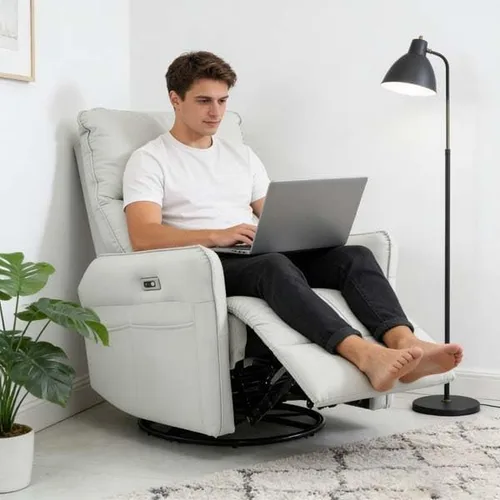 Vista 2 de Electric Swivel Power Recliner with Rocker, Chair with USB Charging, PU Leather for Living Room(Light Gray)