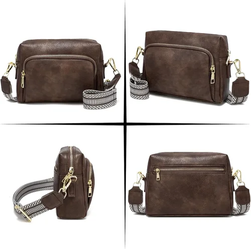 Vista 5 de Bolsos cruzados pequeños para mujer, bolsos cruzados de viaje de cuero vegano, bolsos de hombro con correa de guitarra y correa de cuero